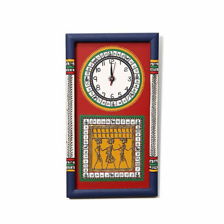 Wall Clock Handcrafted Warli/Dhokra Art Red Dial with Glass Frame (10x18") - Wall Decor - 1