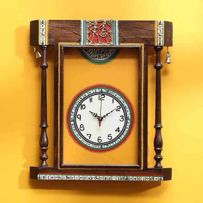Wall Clock Handcrafted Warli Art Yellow Dial with Glass Frame (14x16") - Wall Decor - 1