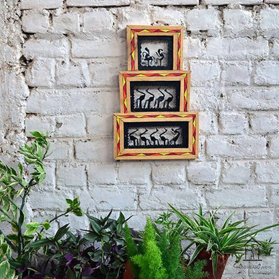 Wrought Iron Tribal Wooden Frame 3 Box Jaali Wall Hanging - Wall Decor - 1