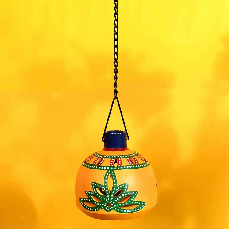 Terracotta Handpainted Yellow Matki Hanging Tea Light - Decor & Living - 1