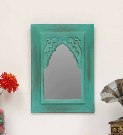 Cora Teal Carved Vintage Minaret Mirror (10in x 1in x 14in) - Home Decor - 1