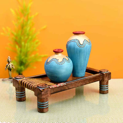 Turquoise Blue Vases (Set of 2) Decorated with Golden Glaze Placed on Ethnic Charpai Stand (12.5x7x10") - Decor & Living - 1