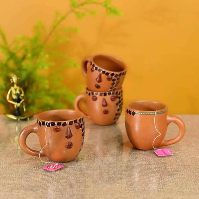 Knosh-B Earthen Cups with Tribal Motifs - Set of 4 - Dining & Kitchen - 1