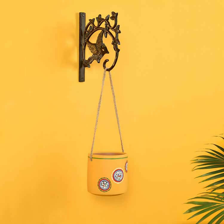Yellow Warli Terracotta Hanging Planter with Metal Stand - Decor & Living - 1