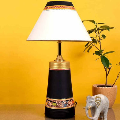 Table Lamp Black Earthen Handcrafted with White Shade (13x4.7") - Decor & Living - 1