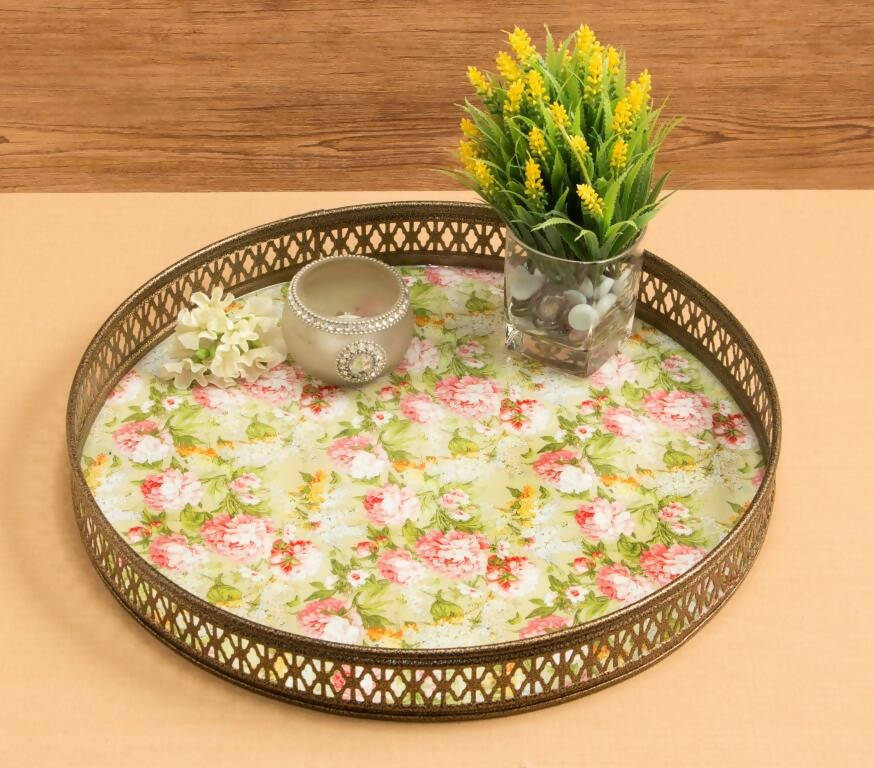 Vintage Green Floral Print Round Tray (Large) - Dining & Kitchen - 1