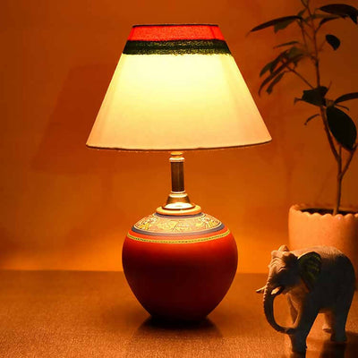 Table Lamp Red Earthen Handcrafted with White Shade (9.5x7") - Decor & Living - 1