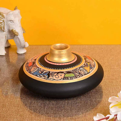 Vase Earthen Handcrafted Black Madhubani (3.5x6.5") - Decor & Living - 1