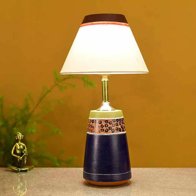 Handpainted Midnight Blue Earthen Lamp with White Shade - Decor & Living - 1