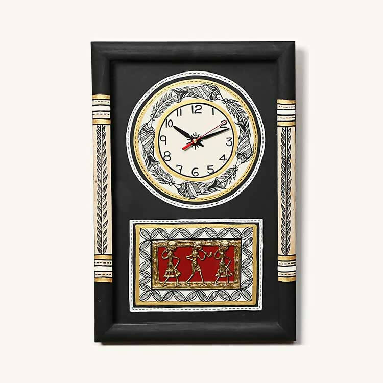 Wall Clock Handcrafted Warli/Dhokra Art Black Dial with Glass Frame (10x15") - Wall Decor - 1