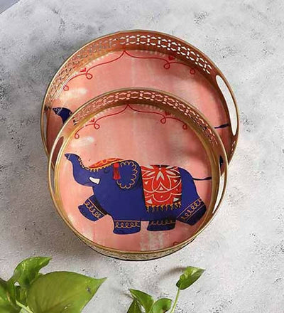 Pink Elephant Pichwai Tray Set of 2